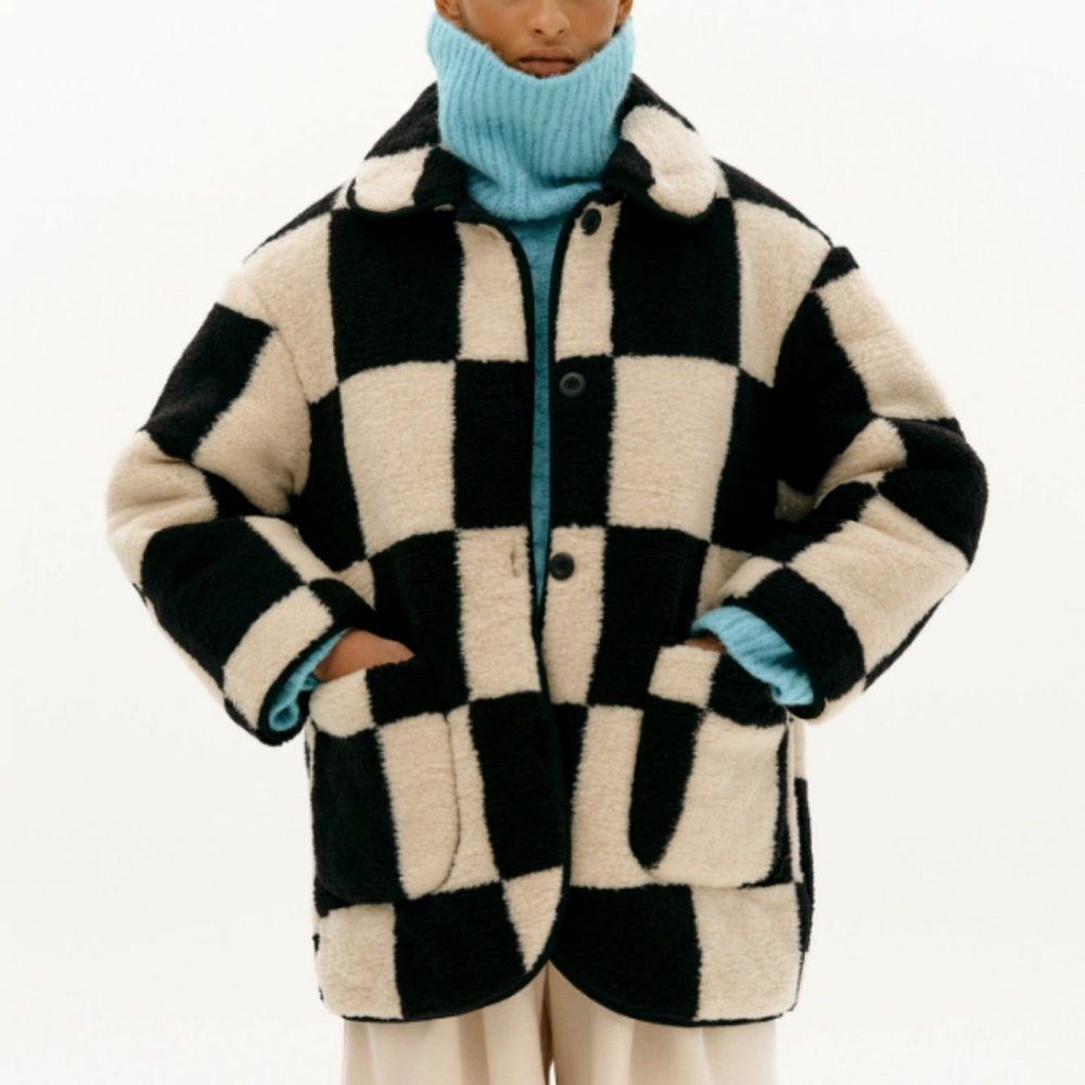 Source Unknown Checked Shearling Short Coat